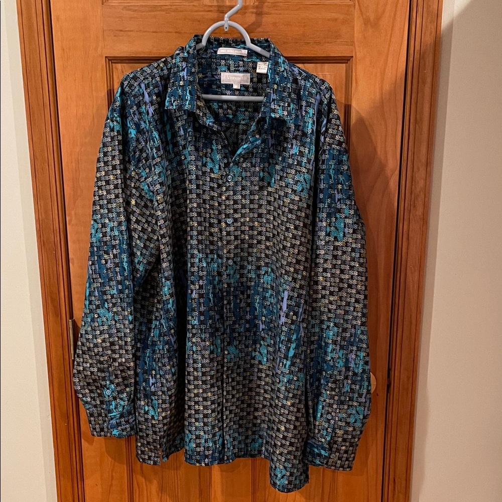 Men's Blue and Black Casual Button Down Shirt